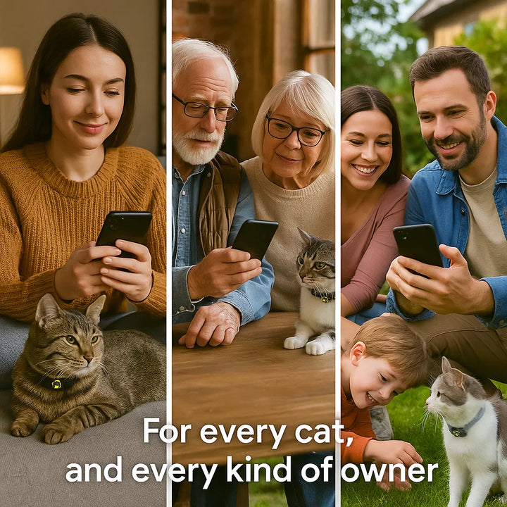 Waterproof GPS cat tracker with real-time location, white, attached to a collar, ideal for pet safety and comfort.