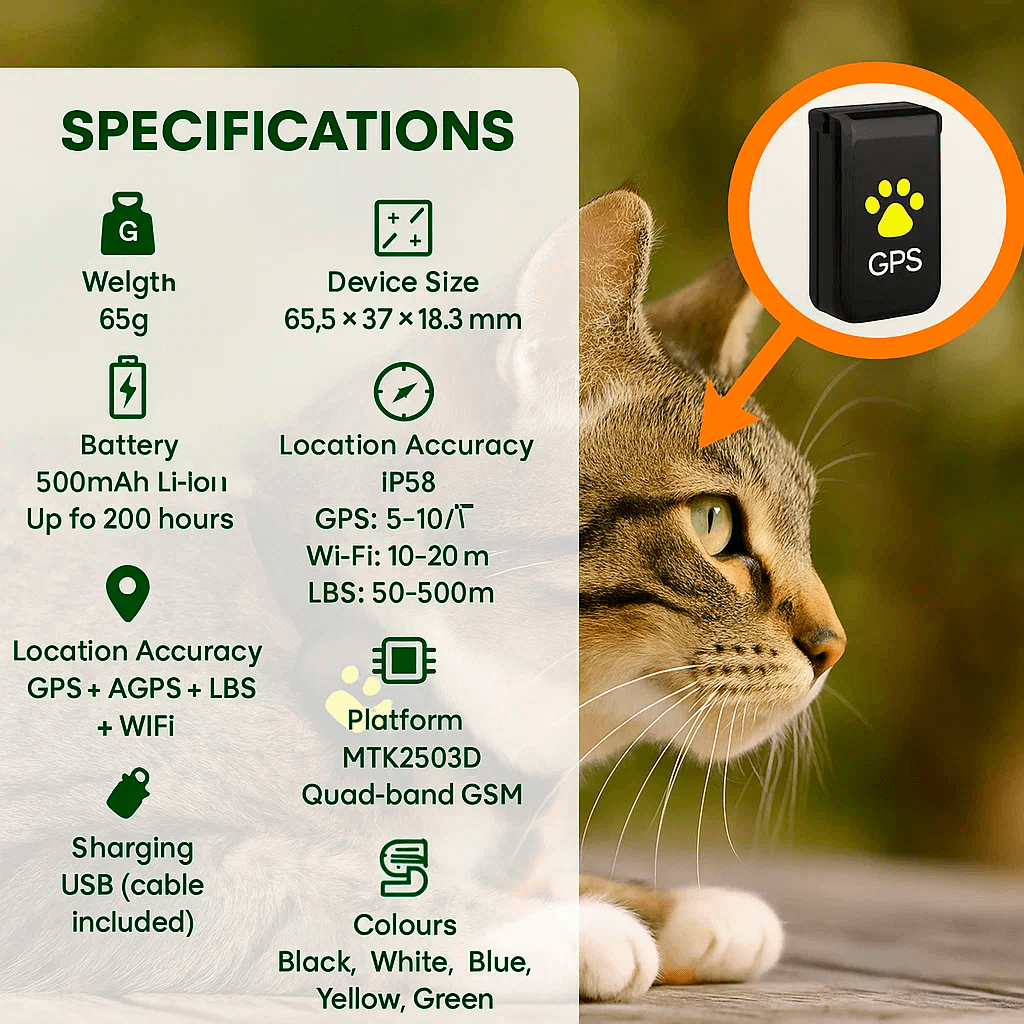 Waterproof GPS cat tracker with real-time location, white, attached to a collar, ideal for pet safety and comfort.