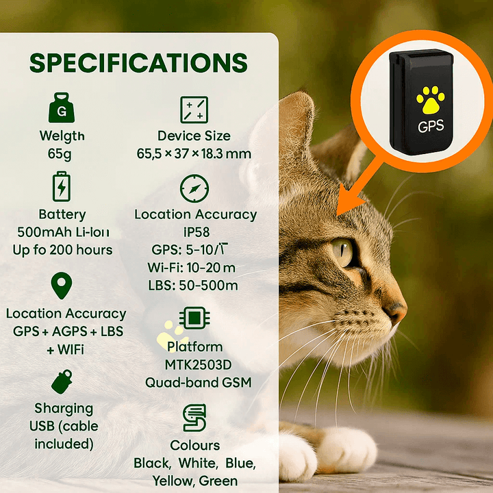 Waterproof GPS cat tracker with real-time location, white, attached to a collar, ideal for pet safety and comfort.