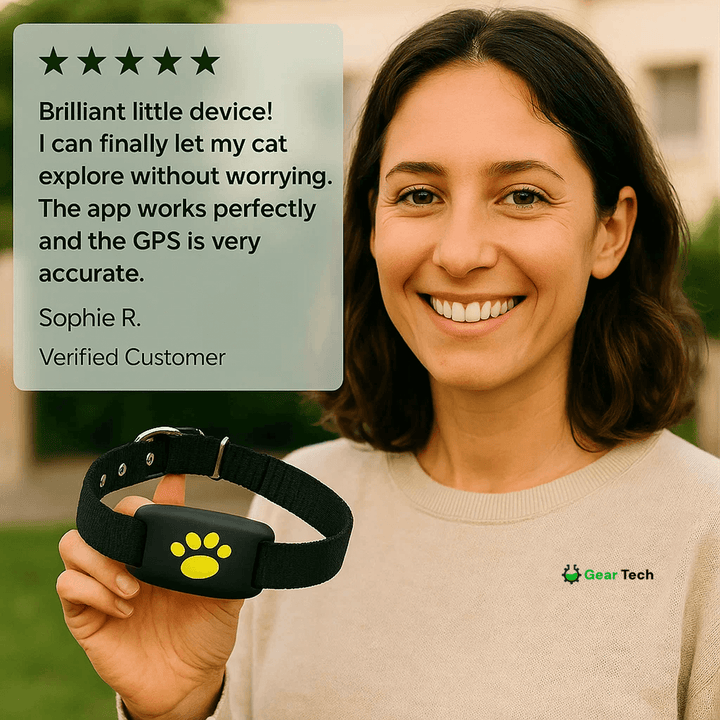 Waterproof GPS cat tracker with real-time location, white, attached to a collar, ideal for pet safety and comfort.
