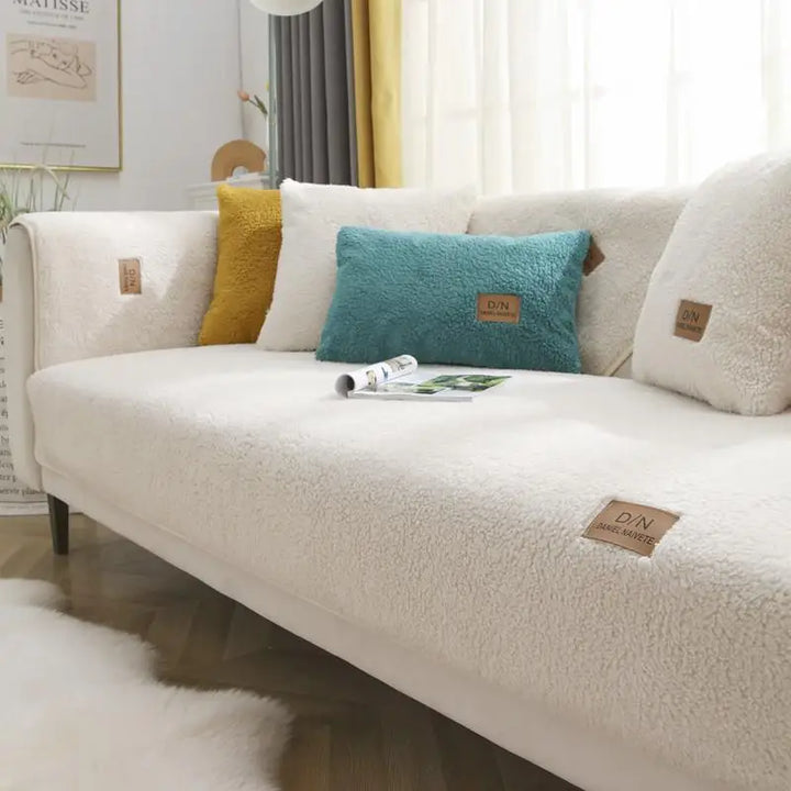 "Waterproof non-slip Sherpa fleece sofa cover in cozy faux lambswool texture, fits various sizes for ultimate comfort."