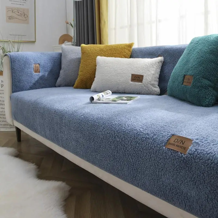 "Waterproof non-slip Sherpa fleece sofa cover in cozy faux lambswool texture, fits various sizes for ultimate comfort."