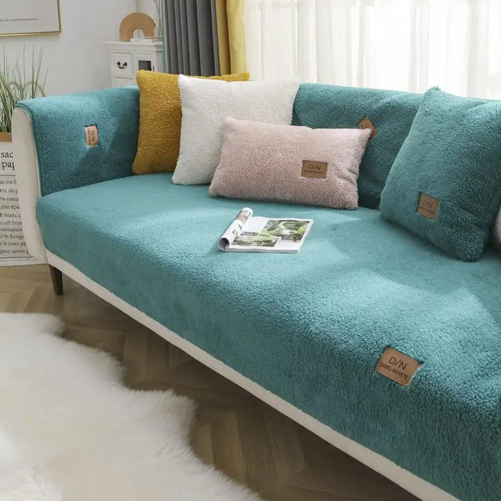 "Waterproof non-slip Sherpa fleece sofa cover in cozy faux lambswool texture, fits various sizes for ultimate comfort."