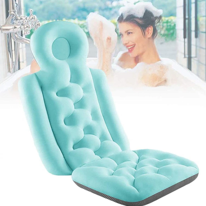 Waterproof, non-slip spa bath pillow with soft cushioning, suction cups, and breathable mesh for ultimate bath comfort.