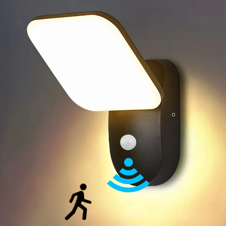 Waterproof outdoor LED wall light with PIR motion sensor, modern design, black aluminum, IP65 rated, enhancing exterior.