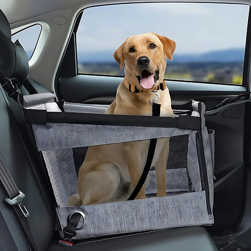 Waterproof pet car seat with cozy, compact design for comfort and security on car journeys; includes adjustable straps.
