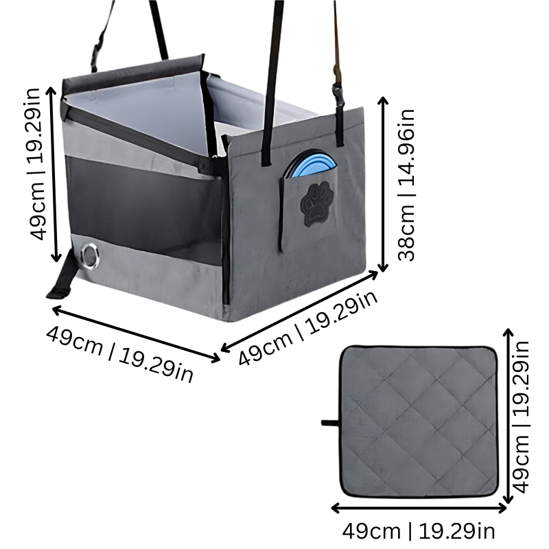 Waterproof pet car seat with cozy, compact design for comfort and security on car journeys; includes adjustable straps.