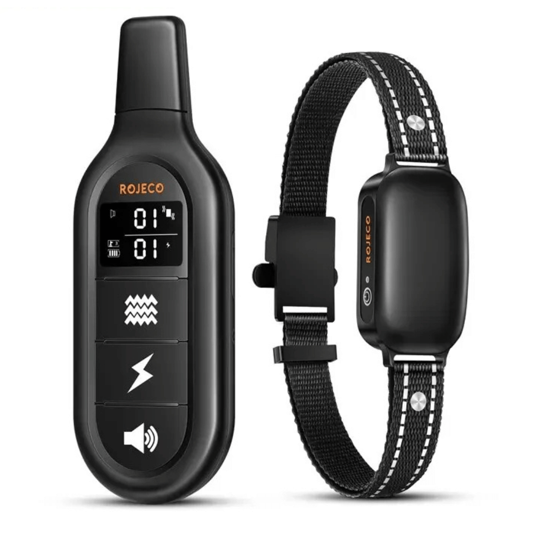 Waterproof rechargeable 1000m dog training e-collar, adjustable fit, black with remote; ideal for effective pet training.