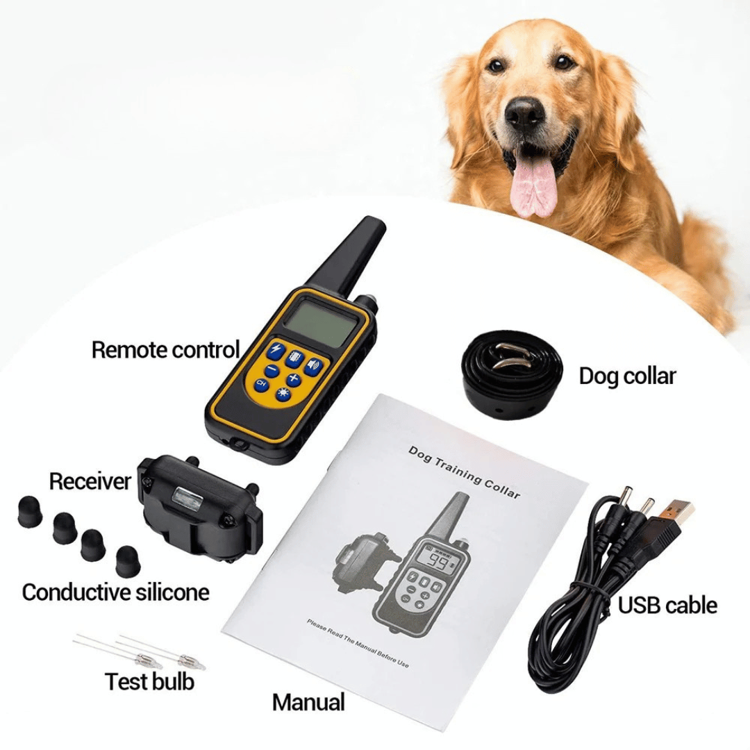"Waterproof rechargeable remote-controlled dog training collar with adjustable fit and multiple training modes for all dogs."