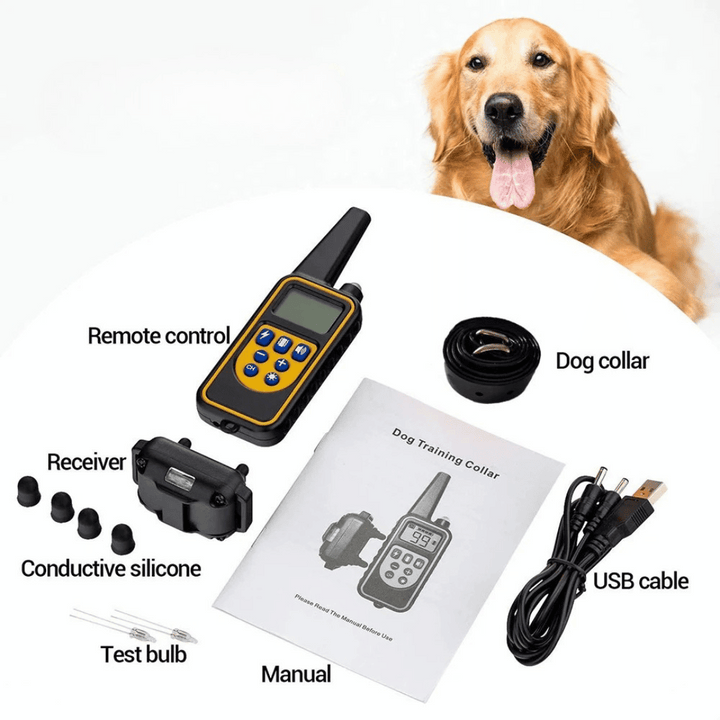 "Waterproof rechargeable remote-controlled dog training collar with adjustable fit and multiple training modes for all dogs."