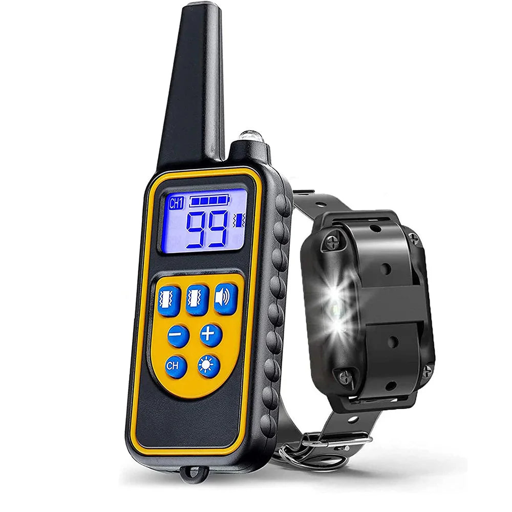 "Waterproof rechargeable remote-controlled dog training collar with adjustable fit and multiple training modes for all dogs."