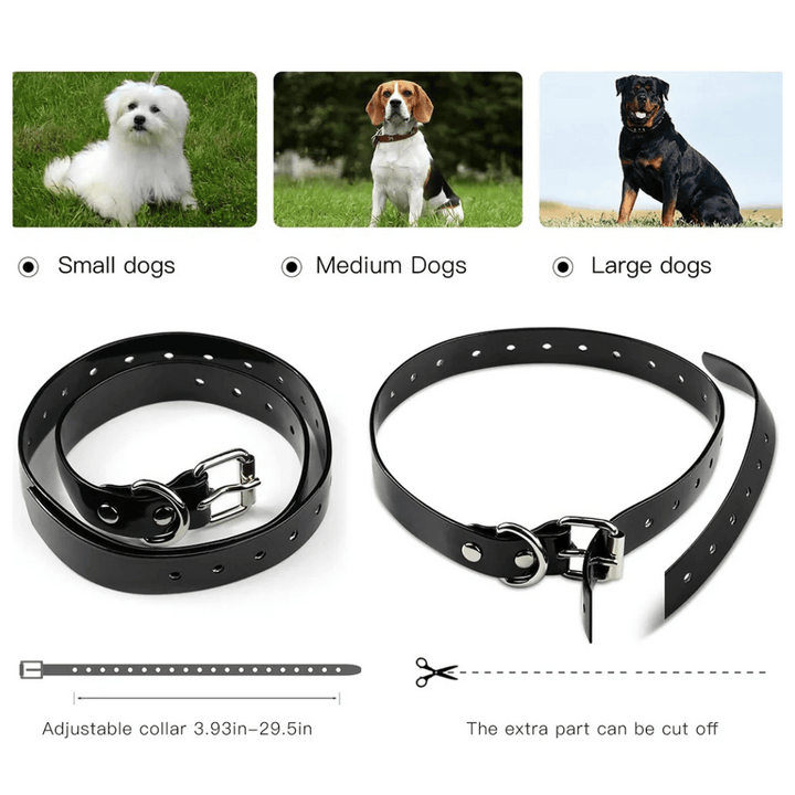 "Waterproof rechargeable remote-controlled dog training collar with adjustable fit and multiple training modes for all dogs."