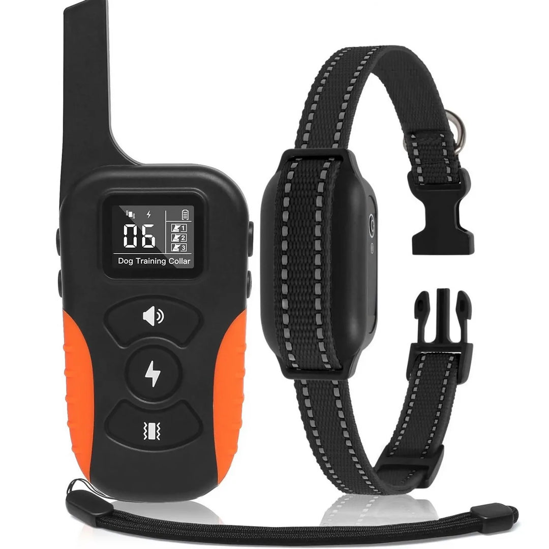 Waterproof remote dog training collar with shock and beep; black, adjustable, suitable for all breeds, ideal for outdoor use.