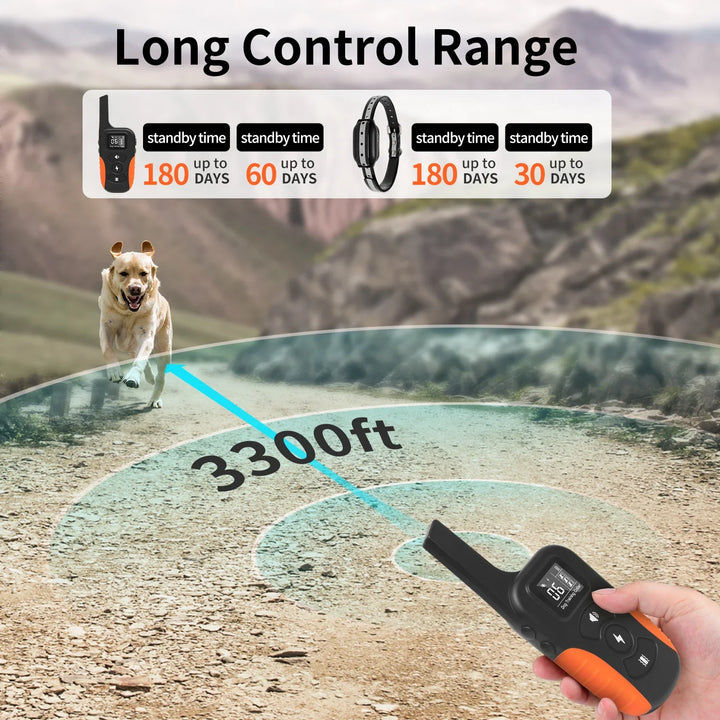 Waterproof remote dog training collar with shock and beep; black, adjustable, suitable for all breeds, ideal for outdoor use.