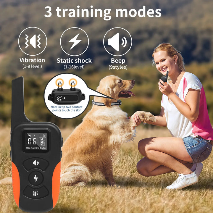 Waterproof remote dog training collar with shock and beep; black, adjustable, suitable for all breeds, ideal for outdoor use.