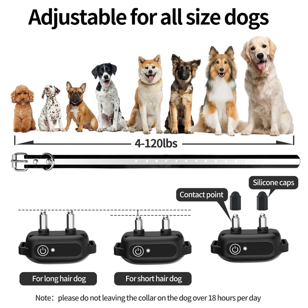 Waterproof remote dog training collar with shock and beep; black, adjustable, suitable for all breeds, ideal for outdoor use.
