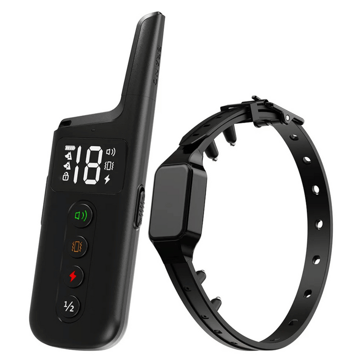 Waterproof shock dog training collar with remote, black adjustable strap, buttons for beep, vibration, safe shock modes.