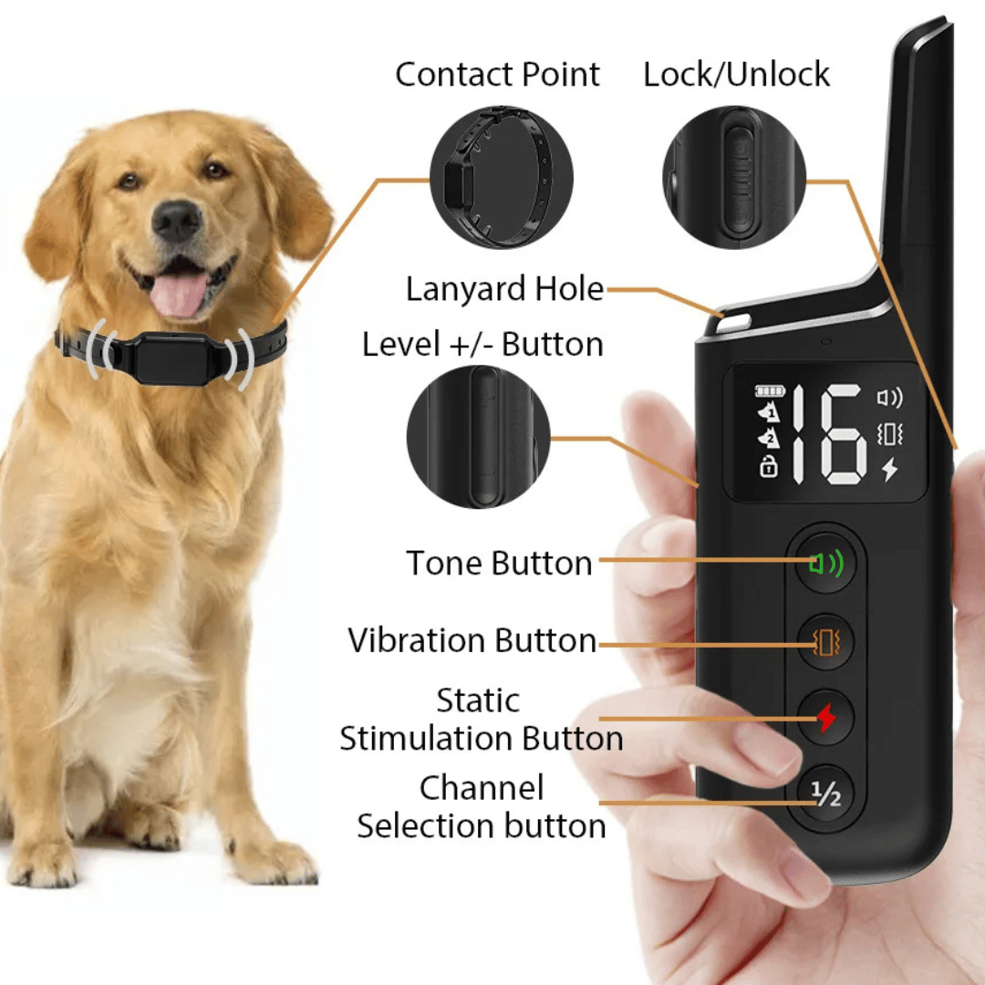 Waterproof shock dog training collar with remote, black adjustable strap, buttons for beep, vibration, safe shock modes.