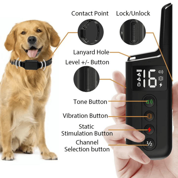 Waterproof shock dog training collar with remote, black adjustable strap, buttons for beep, vibration, safe shock modes.