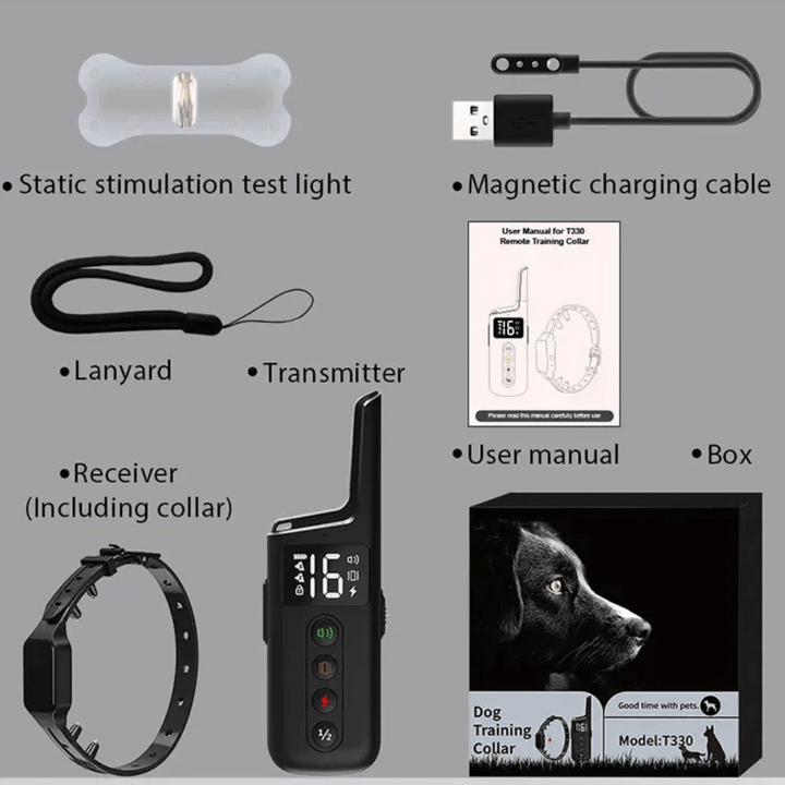 Waterproof shock dog training collar with remote, black adjustable strap, buttons for beep, vibration, safe shock modes.