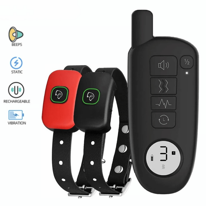 "Waterproof smart dog training collar with remote, 300m range, durable design for effective indoor/outdoor pet training."