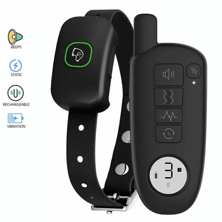 "Waterproof smart dog training collar with remote, 300m range, durable design for effective indoor/outdoor pet training."