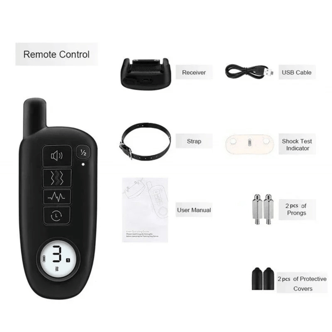 "Waterproof smart dog training collar with remote, 300m range, durable design for effective indoor/outdoor pet training."