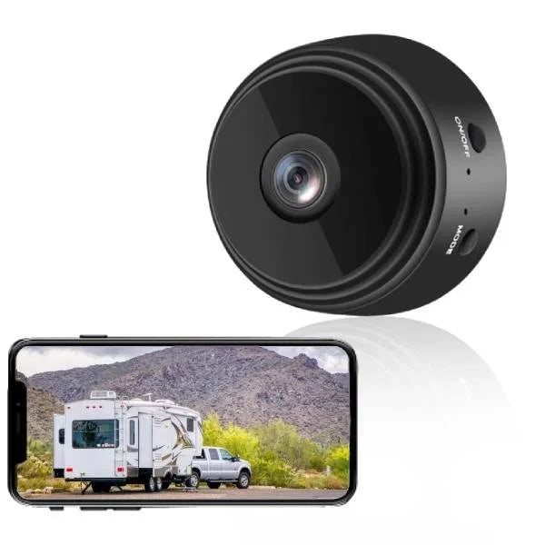 Waterproof wireless backup camera for RVs and trailers, black, with 360° bracket and night vision, enhances reversing safety.