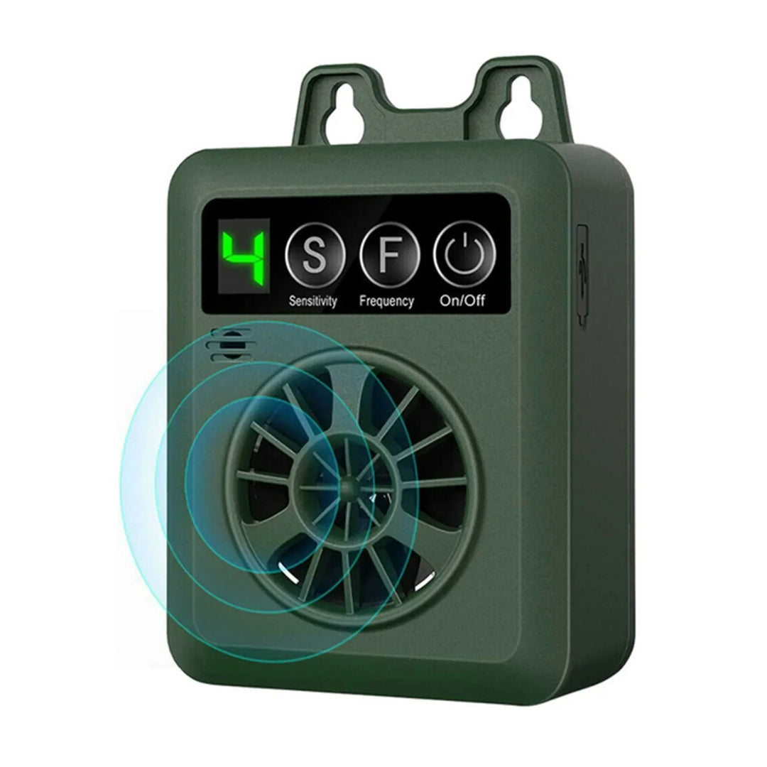 Weather-resistant outdoor ultrasonic anti-bark device; sleek design, pet-friendly; ideal for gardens; easy installation.