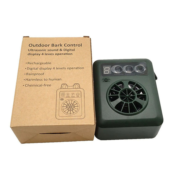 Weather-resistant outdoor ultrasonic anti-bark device; sleek design, pet-friendly; ideal for gardens; easy installation.