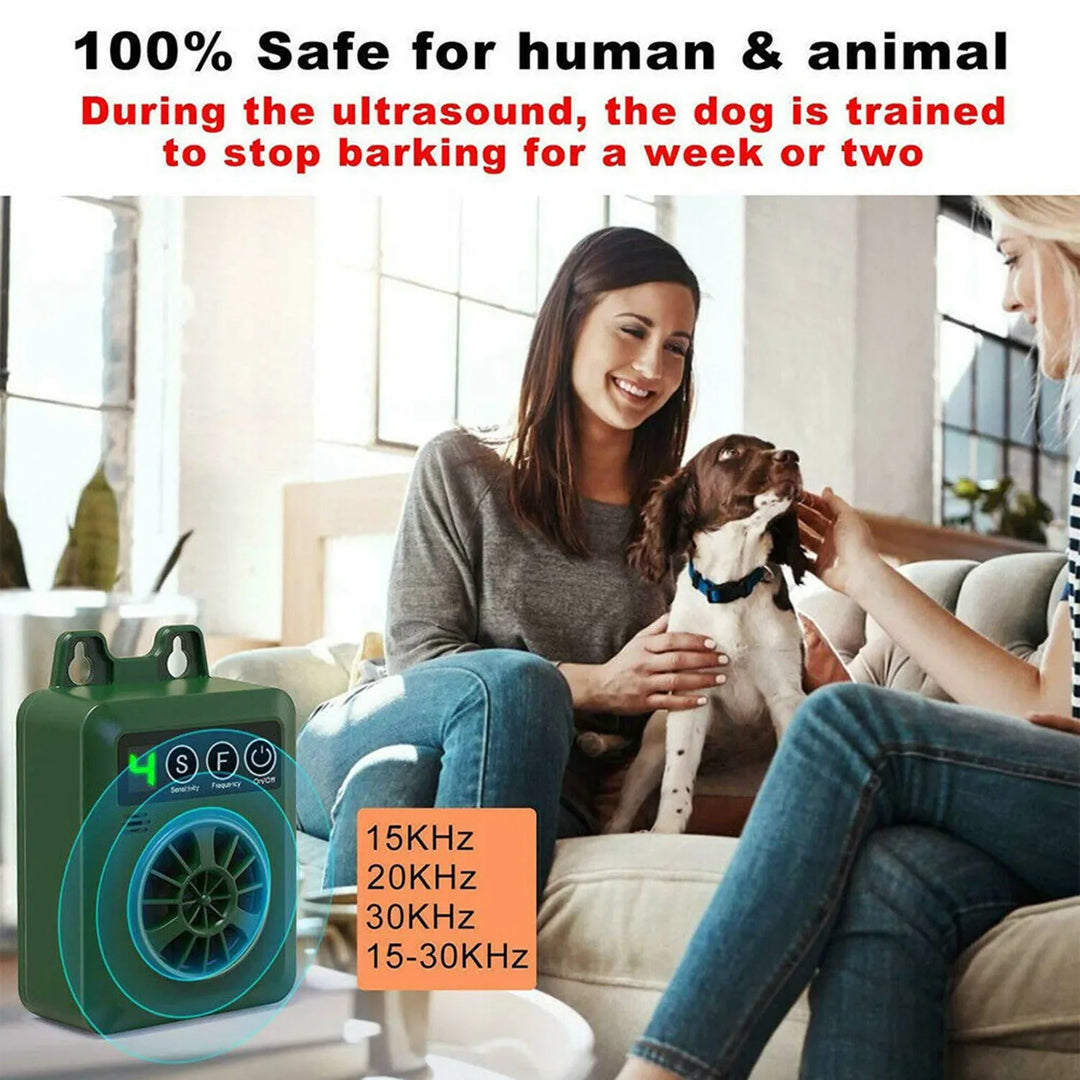 Weather-resistant outdoor ultrasonic anti-bark device; sleek design, pet-friendly; ideal for gardens; easy installation.