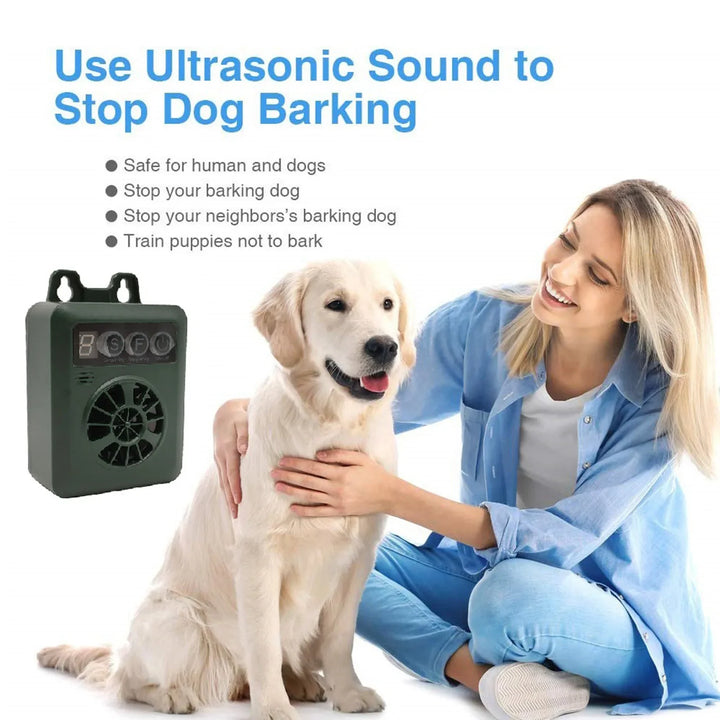 Weather-resistant outdoor ultrasonic anti-bark device; sleek design, pet-friendly; ideal for gardens; easy installation.