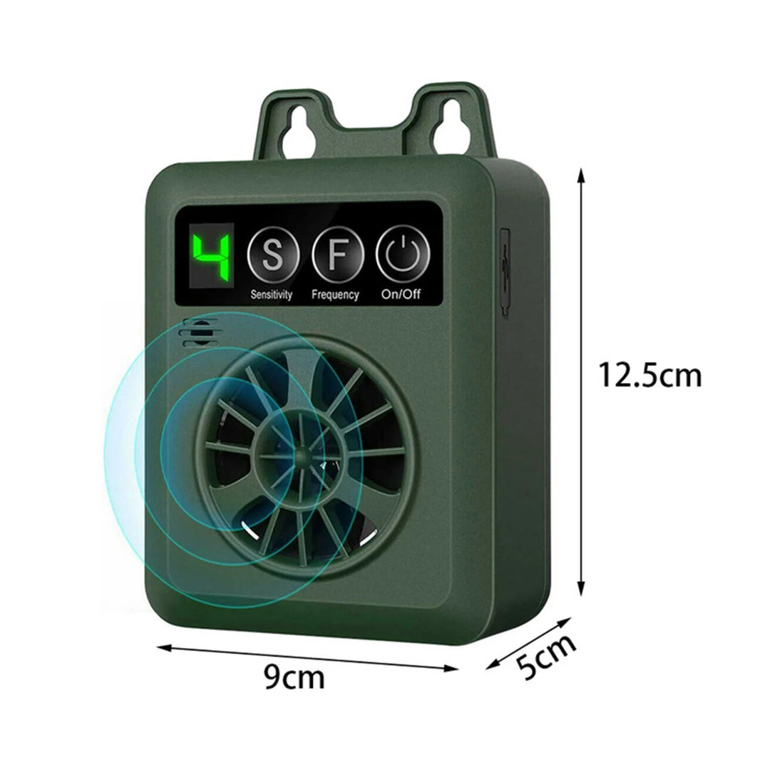 Weather-resistant outdoor ultrasonic anti-bark device; sleek design, pet-friendly; ideal for gardens; easy installation.