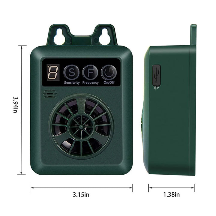 Weather-resistant outdoor ultrasonic anti-bark device; sleek design, pet-friendly; ideal for gardens; easy installation.