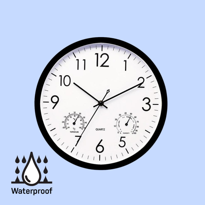 "Weatherproof garden clock with temperature gauge, elegant retro design, easy-read large numbers, ideal outdoor decor."