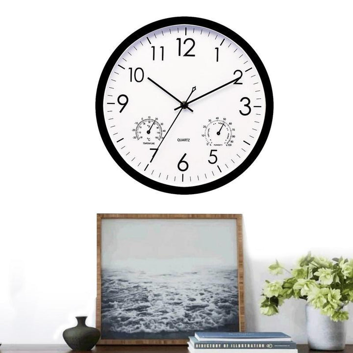 "Weatherproof garden clock with temperature gauge, elegant retro design, easy-read large numbers, ideal outdoor decor."