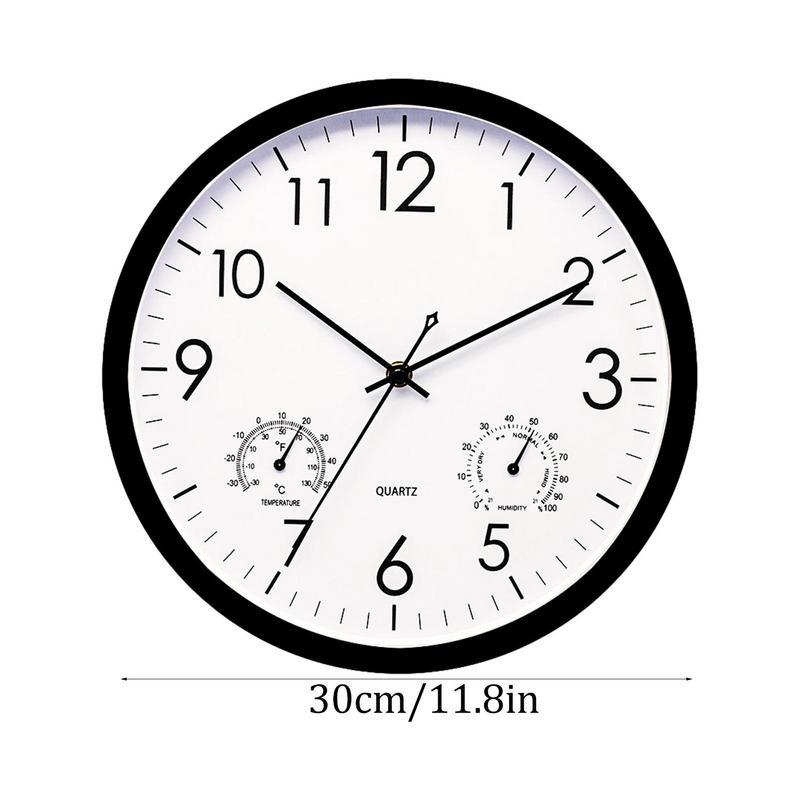 "Weatherproof garden clock with temperature gauge, elegant retro design, easy-read large numbers, ideal outdoor decor."