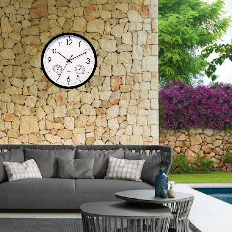 "Weatherproof garden clock with temperature gauge, elegant retro design, easy-read large numbers, ideal outdoor decor."