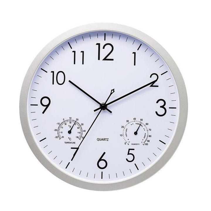 "Weatherproof garden clock with temperature gauge, elegant retro design, easy-read large numbers, ideal outdoor decor."