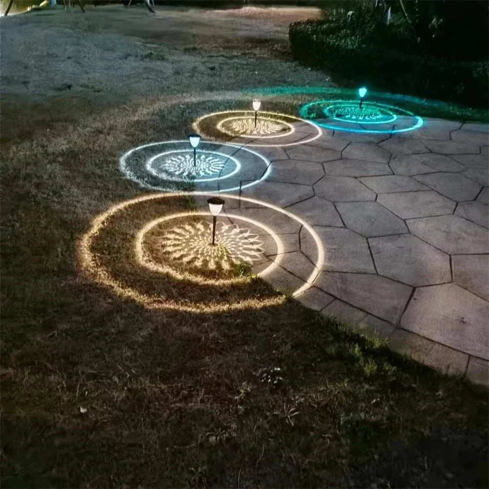 Weatherproof garden light casting intricate mandala shadows, solar-powered, LED, IP65 waterproof, enhances outdoor decor.