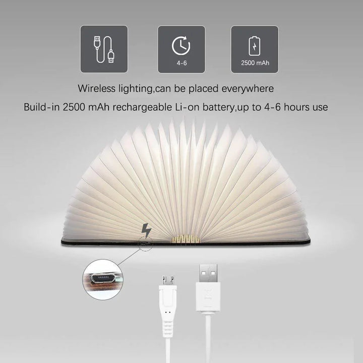 "Whimsical LED book lamp with warm glow, resembling an open book, perfect for cozy decor in bedrooms or study areas."