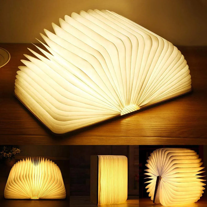 "Whimsical LED book lamp with warm glow, resembling an open book, perfect for cozy decor in bedrooms or study areas."