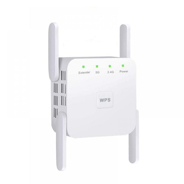 Wi-Fi Extender 1200Mbps, dual-band, four antennas, sleek white design. Ideal for UK homes, enhances internet coverage.