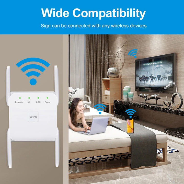 Wi-Fi Extender 1200Mbps, dual-band, four antennas, sleek white design. Ideal for UK homes, enhances internet coverage.