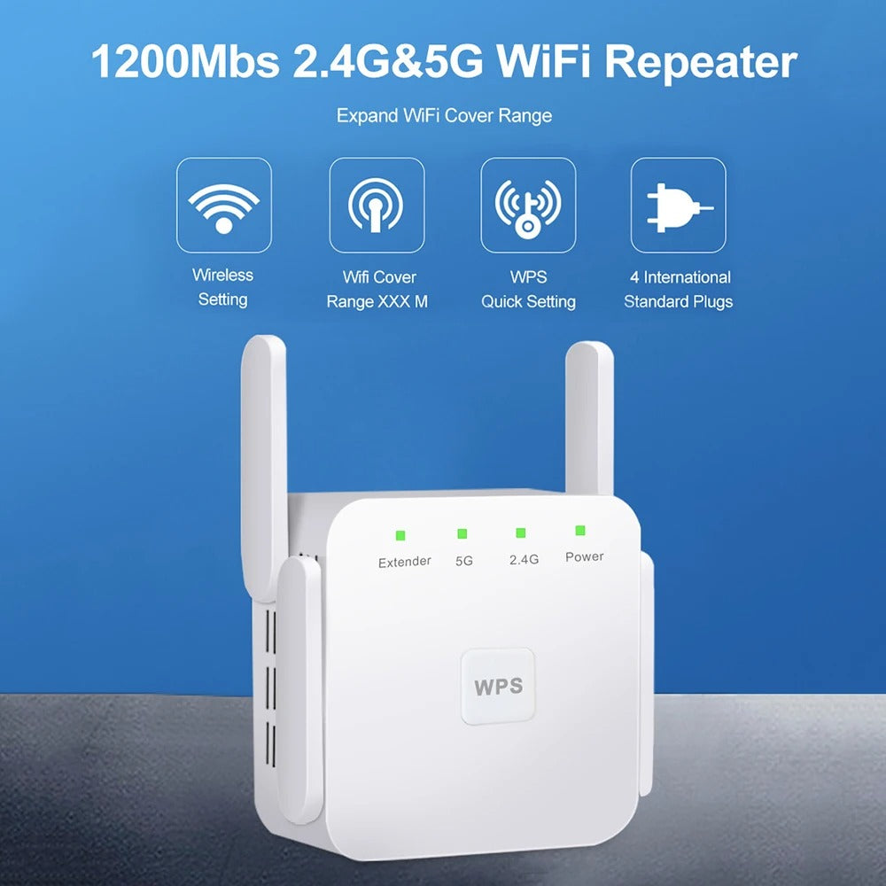 Wi-Fi Extender 1200Mbps, dual-band, four antennas, sleek white design. Ideal for UK homes, enhances internet coverage.