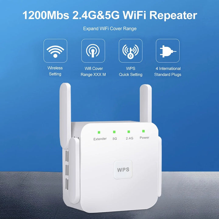 Wi-Fi Extender 1200Mbps, dual-band, four antennas, sleek white design. Ideal for UK homes, enhances internet coverage.