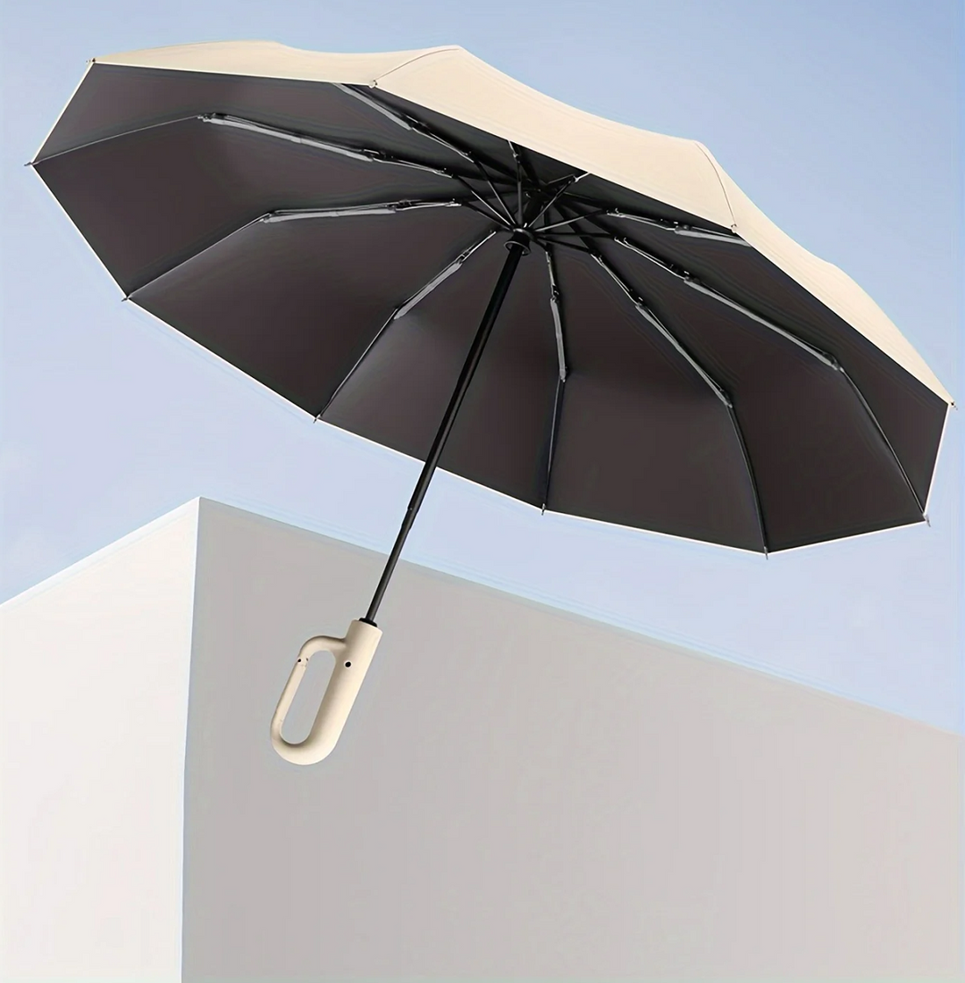 "Windproof automatic folding umbrella with reflective strip, featuring 10-rib construction, reverse folding, and carabiner ha