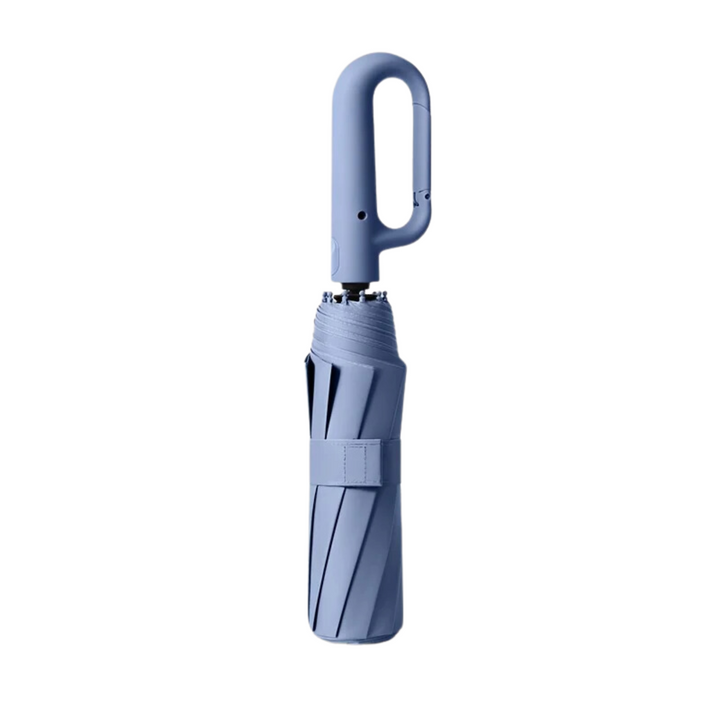 "Windproof automatic folding umbrella with reflective strip, featuring 10-rib construction, reverse folding, and carabiner ha