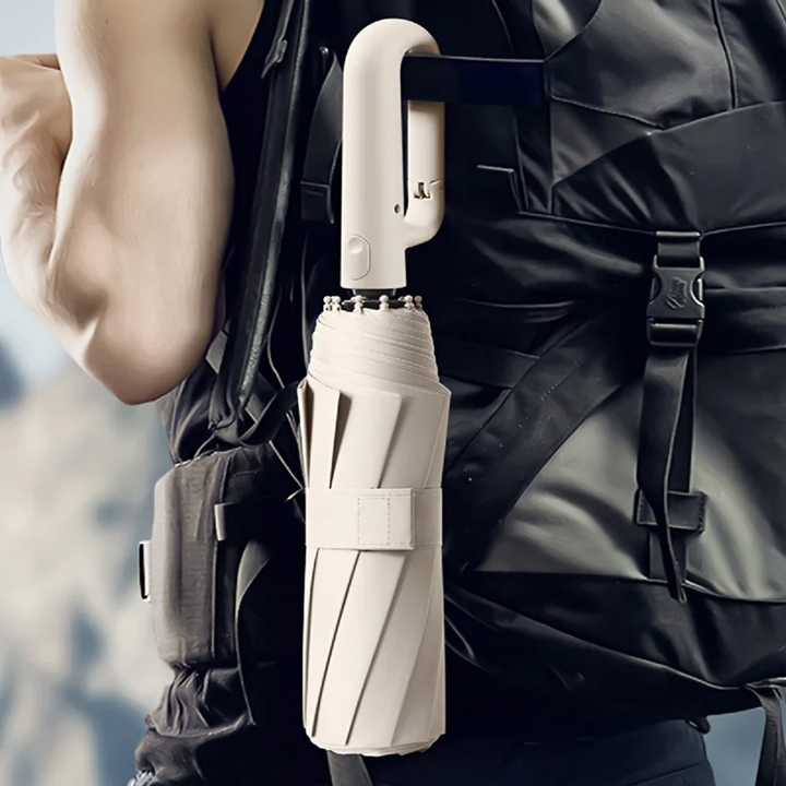 "Windproof automatic folding umbrella with reflective strip, featuring 10-rib construction, reverse folding, and carabiner ha