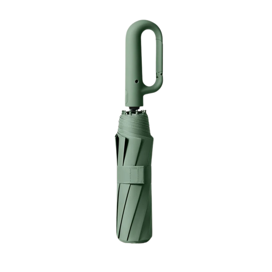 "Windproof automatic folding umbrella with reflective strip, featuring 10-rib construction, reverse folding, and carabiner ha
